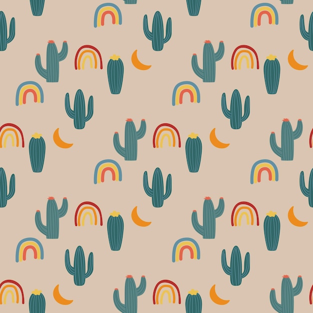 patrones sin fisuras con cactus y arco iris