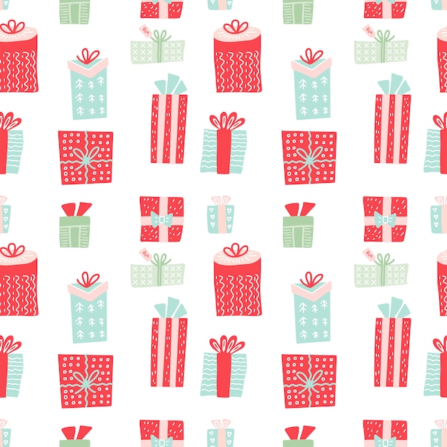 Patrones sin fisuras con cajas de regalo. Regalos de Navidad y decoración de año nuevo.
