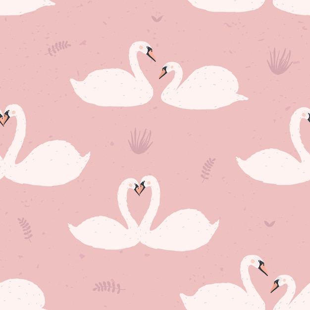 Patrones sin fisuras con cisnes blancos. Parejas de cisne sobre fondo rosa. Ilustración colorida