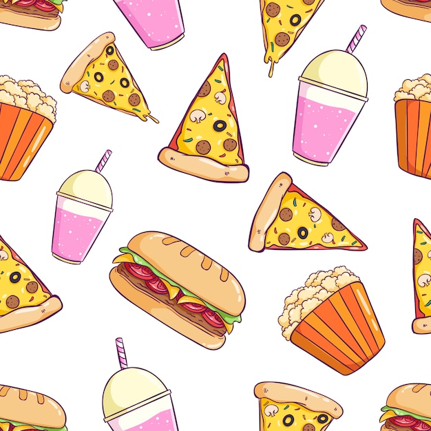 Patrones sin fisuras de comida chatarra con estilo colorido doodle