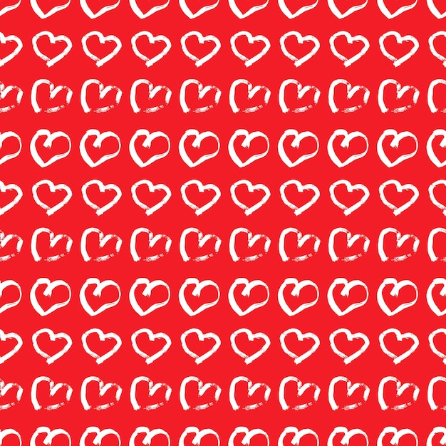 Patrones sin fisuras con corazones dibujados a mano. Doodle corazones de grunge blanco sobre fondo rojo. Ilustración vectorial.