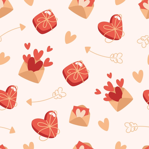 Patrones sin fisuras del día de San Valentín con cajas de chocolates y sobres