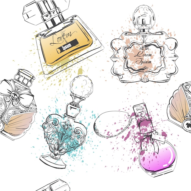 Patrones sin fisuras con diferentes botellas de perfumes