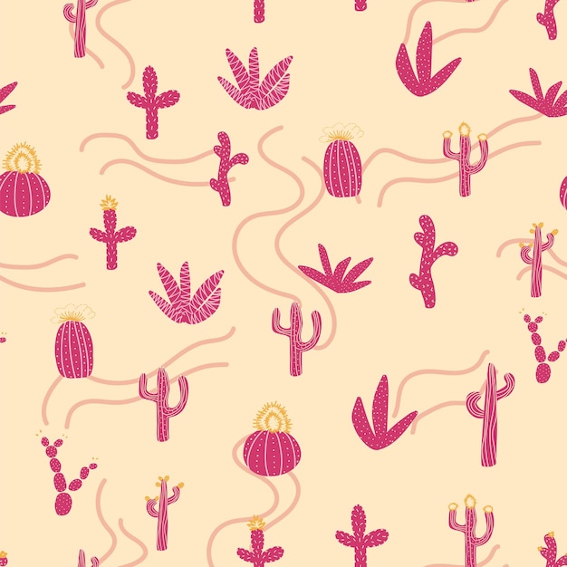 Vector patrones sin fisuras con diferentes cactus textura repetitiva brillante con cactus rosa fondo con plantas del desierto