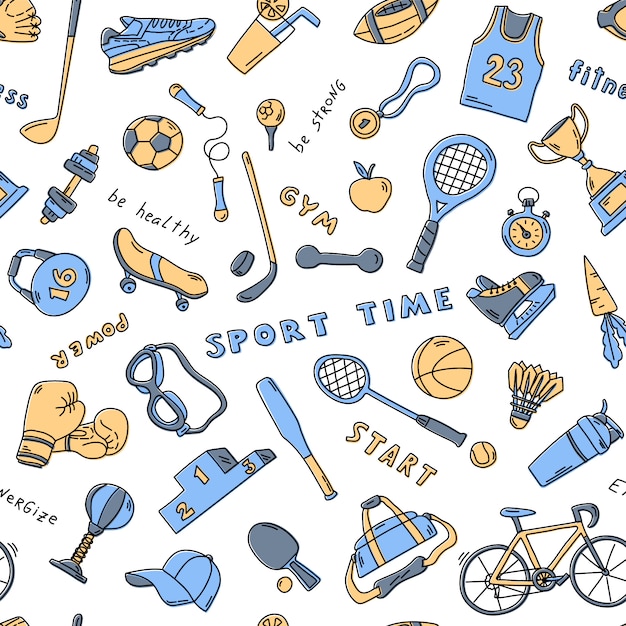 Patrones sin fisuras con elementos deportivos y letras. divertido doodle dibujado a mano textura para tela, envoltura, textil. ilustración plana