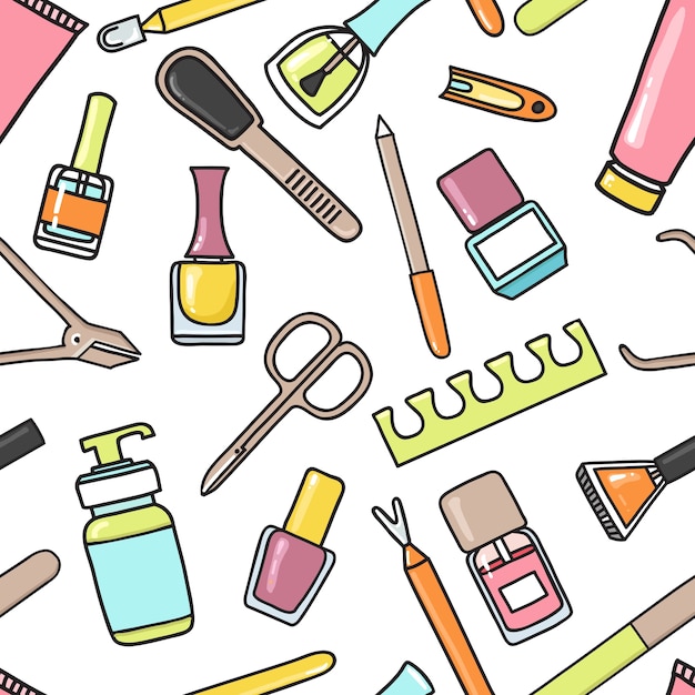 patrones sin fisuras de equipos de doodle manicura y pedicura.