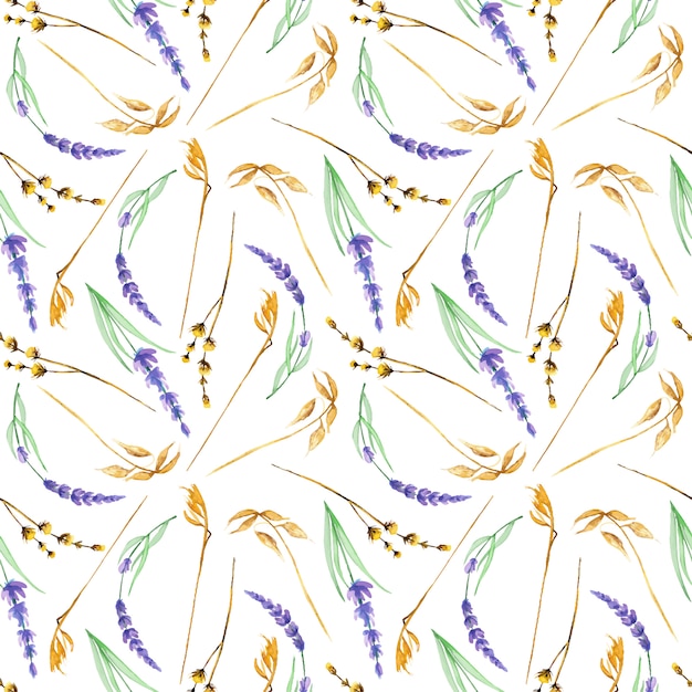 Patrones sin fisuras con flores amarillas secas de acuarela y flores de lavanda