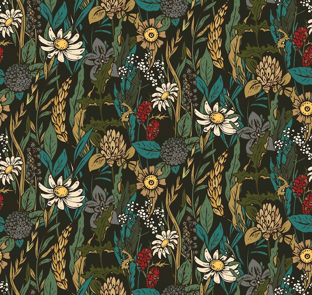 de patrones sin fisuras con flores y hierbas dibujadas a mano. Fondo sin fin hermoso colorido.