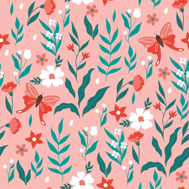 Patrones sin fisuras con flores, hojas y mariposas. Gráficos vectoriales.