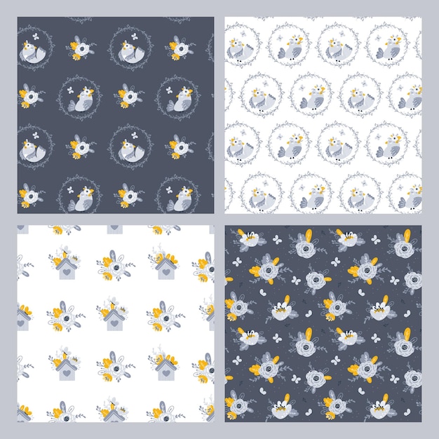 Patrones sin fisuras con flores y pájaros Vector