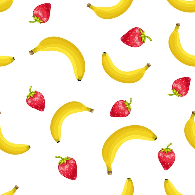 Patrones sin fisuras con fresas y plátanos. Fondo de frutas de verano.