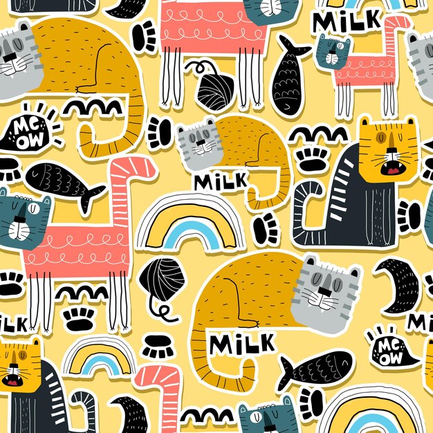 Patrones sin fisuras con gatos de dibujos animados