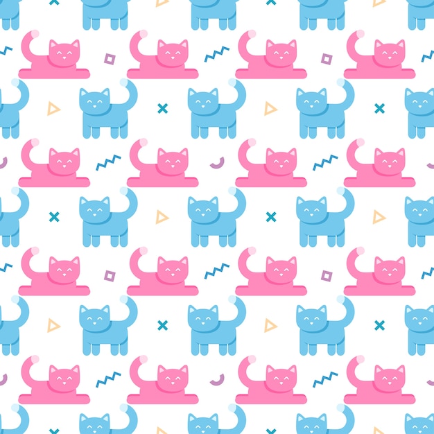 Patrones sin fisuras con gatos y formas geométricas