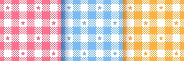 Patrones sin fisuras de la guinga a cuadros. Consultar texturas. Conjunto de fondos vichy con estrellas. Estampados azules, rojos, amarillos