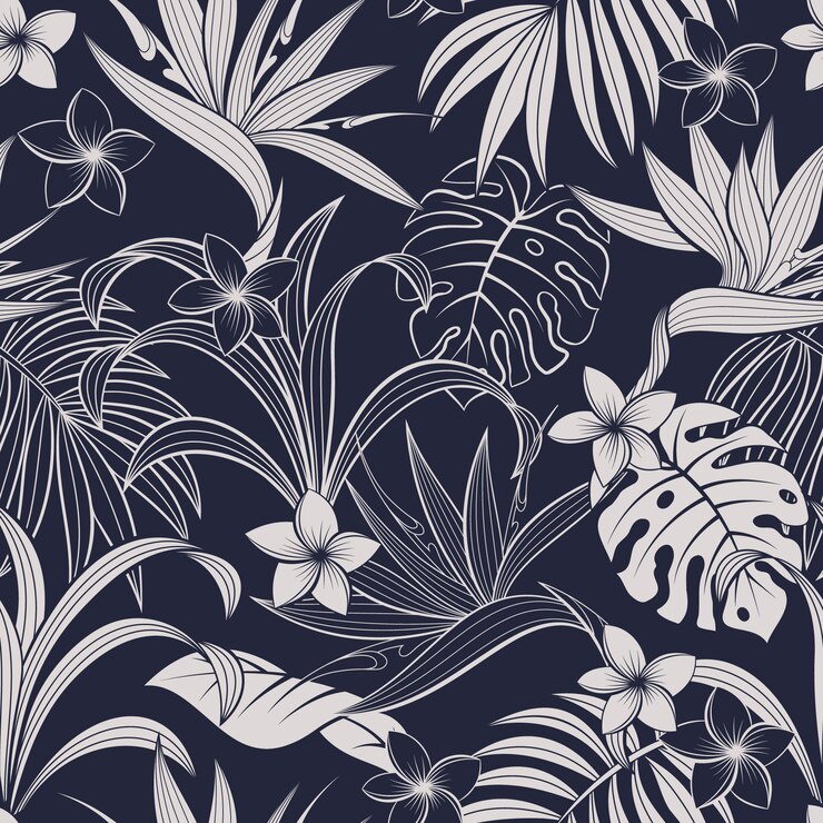Vector patrones sin fisuras con hojas tropicales y flores. elegante fondo exótico azul oscuro y blanco.