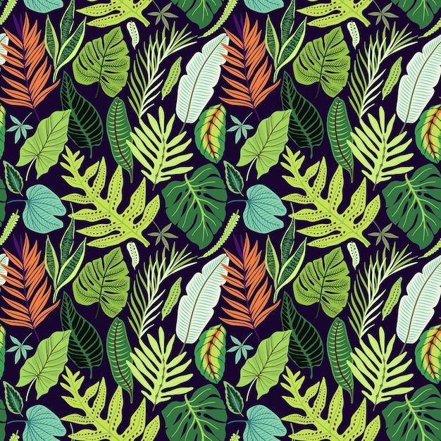 Patrones sin fisuras con hojas tropicales. Patrón de selva brillante con hojas de palmera y plantas exóticas.