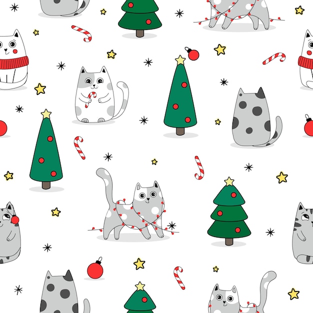 Patrones Sin Fisuras Invierno Gatos Lindos Dibujos Animados Animales Fondo Ilustración