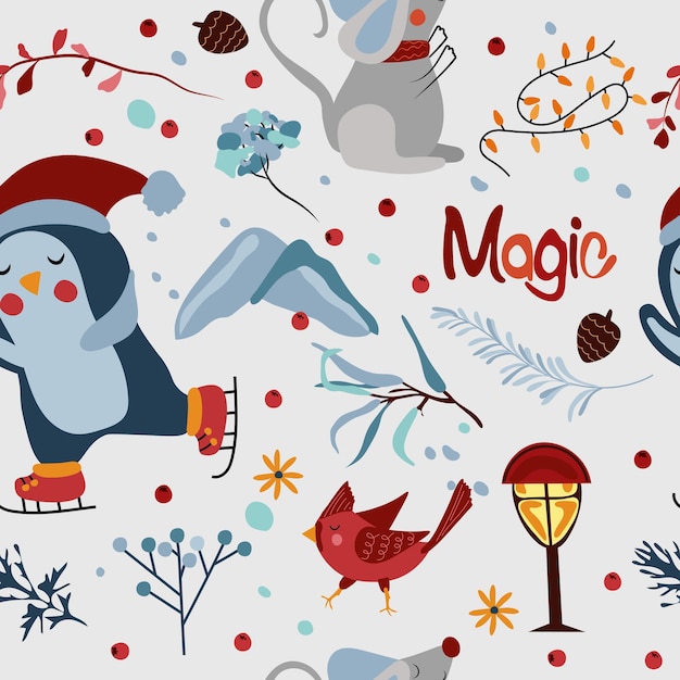 Patrones sin fisuras de invierno con pájaro cardenal, pingüino ártico, ratón lindo, flores y hojas coloridas