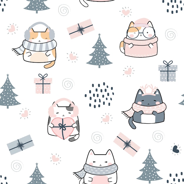 Patrones Sin Fisuras Kawaii Invierno Gatos Lindos Dibujos Animados Animales Fondo Ilustración