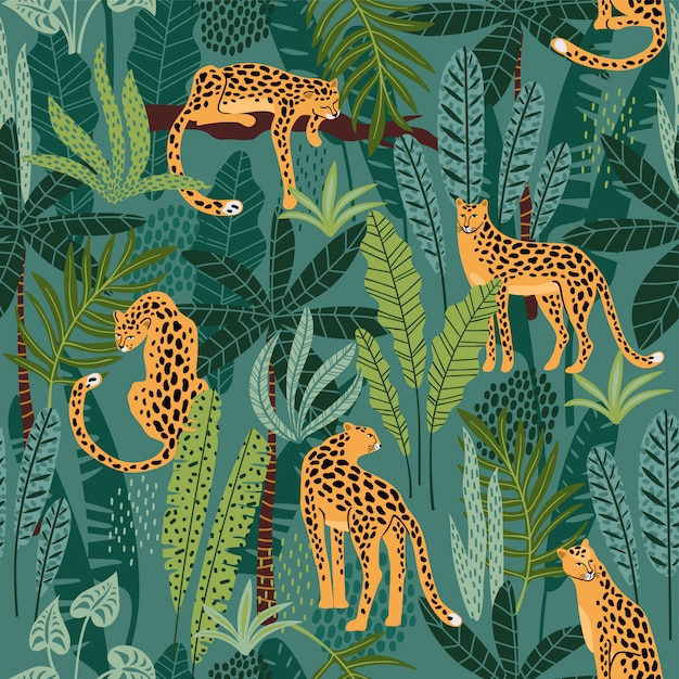 Vector patrones sin fisuras con leopardos y hojas tropicales.