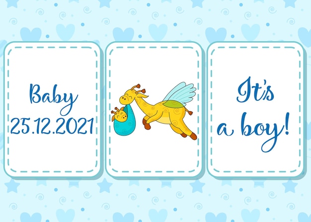 Patrones sin fisuras y letras. Una postal para un recién nacido. Divertida jirafa voladora. Hola bebé. Felicitaciones por el nacimiento de un niño. Certificado de nacimiento. Hola Mundo.