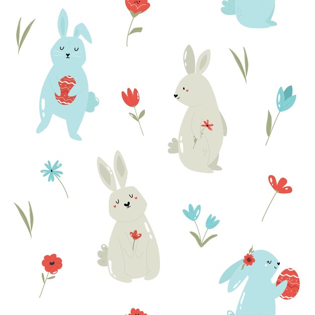 Patrones sin fisuras con lindos conejos. Decoración de vacaciones de Pascua