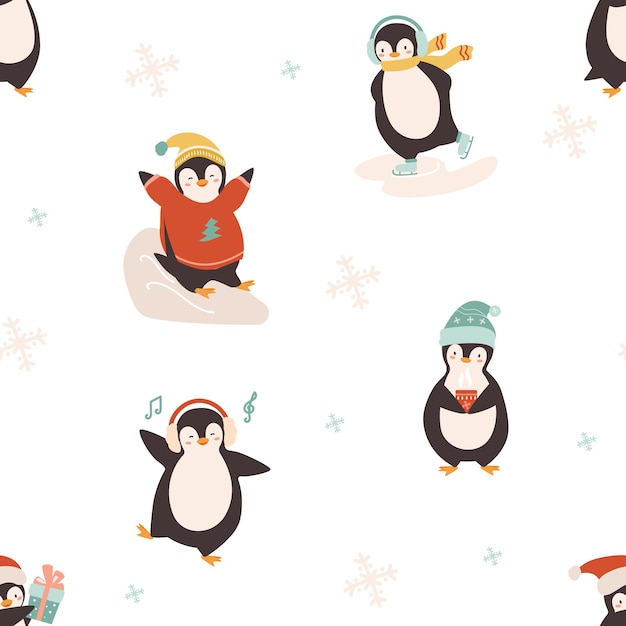 Patrones sin fisuras con lindos pingüinos de Navidad