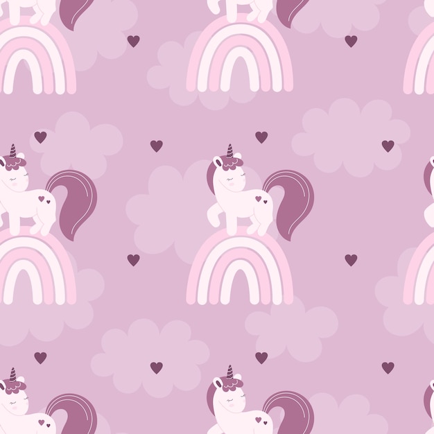 Vector de patrones sin fisuras con lindos unicornios de hadas, nubes. decoración para una guardería, papel tapiz, ropa estampada.