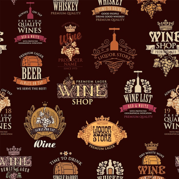 Patrones sin fisuras con logos de vino