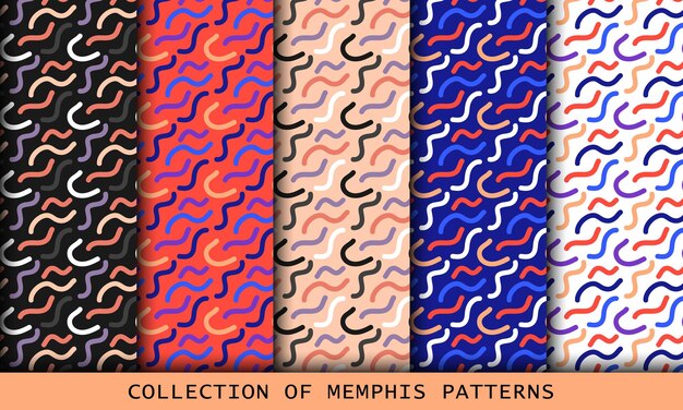 Patrones sin fisuras de memphis. moda 80-90. texturas de mosaico de colores con formas de líneas cortas