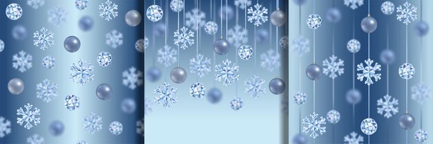 Patrones sin fisuras de Navidad y año nuevo con copos de nieve de cristal voladores y efecto bokeh