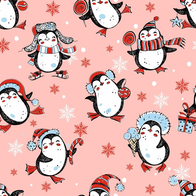 Patrones sin fisuras de Navidad y año nuevo con lindos pingüinos y copos de nieve. Vector.