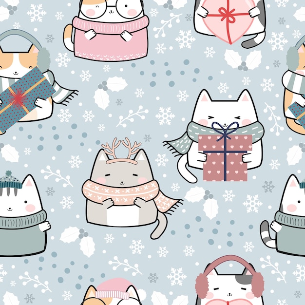 Patrones Sin Fisuras Navidad Kawaii Lindos Gatos Dibujos Animados Animales Fondo Vector Ilustración