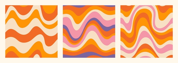 Los patrones sin fisuras de las ondas maravillosas establecen un fondo de vector curvo abstracto psicodélico en estilo hippie de los años 70