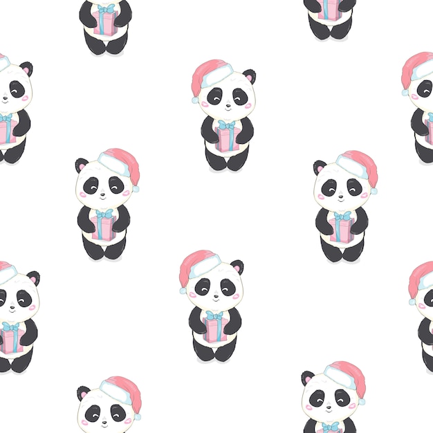 Patrones sin fisuras con oso panda con sombrero de Santa Claus