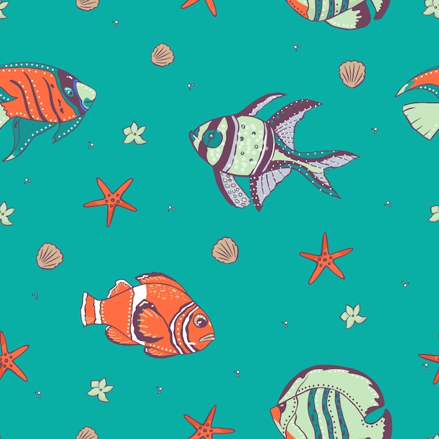 Patrones sin fisuras con peces exóticos. ilustración.