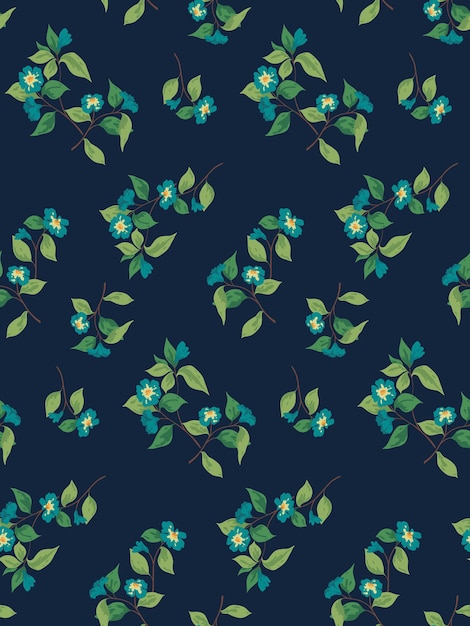 Patrones sin fisuras con ramas florales. Cubierta floral con lindas flores dibujadas a mano en la rama. Ilustración de vector sobre fondo oscuro.