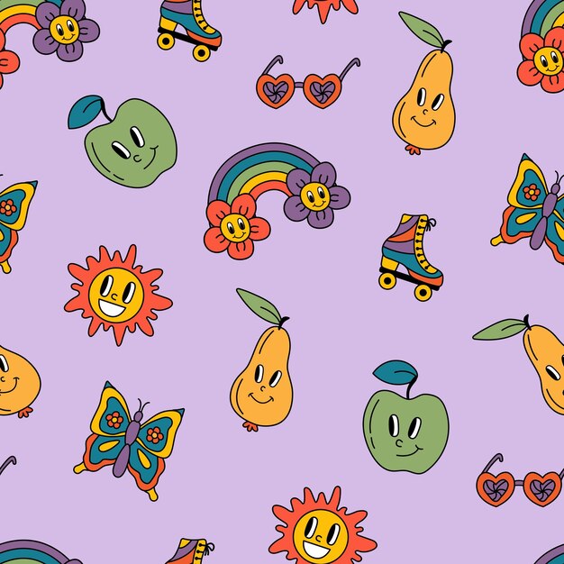 Patrones sin fisuras retro fondos hippie maravillosos Impresión funky de dibujos animados con peras manzanas