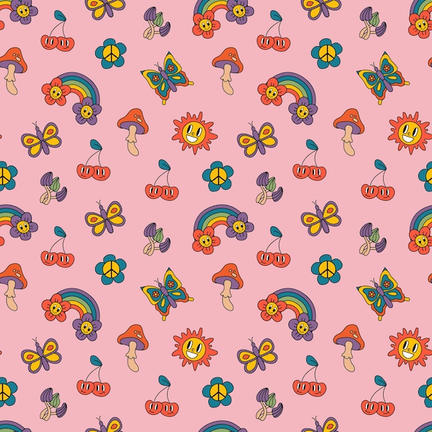 Patrones sin fisuras retro fondos hippie maravillosos Impresión funky de dibujos animados con sol de mariposas