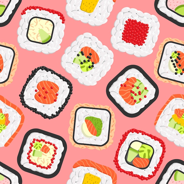 Patrones sin fisuras de rollos de sushi color lindo