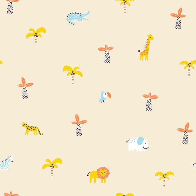Patrones sin fisuras de la selva tropical Animales y palmeras Estilo de dibujo escandinavo dibujado a mano simple
