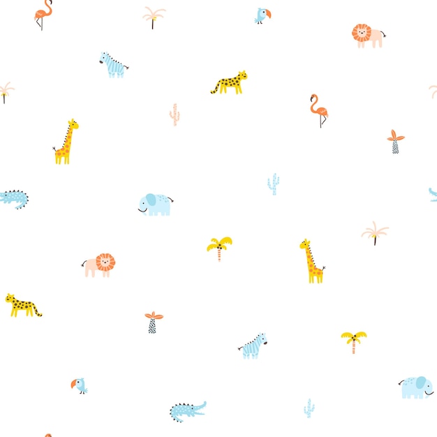 Patrones sin fisuras de la selva tropical Animales y palmeras Estilo de dibujo escandinavo dibujado a mano simple