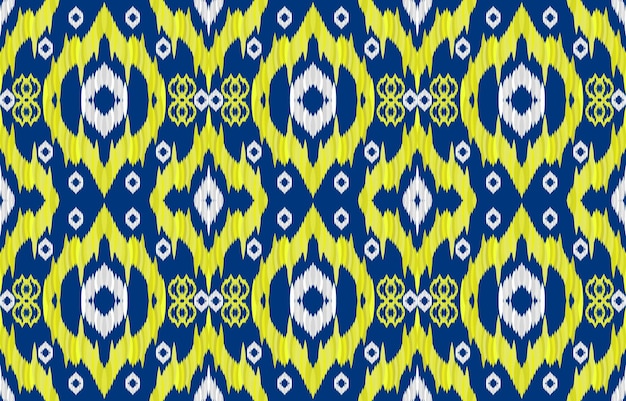 Patrones sin fisuras de tela étnica azul amarillo y plata ikat. Estilo retro vintage tribal geométrico.