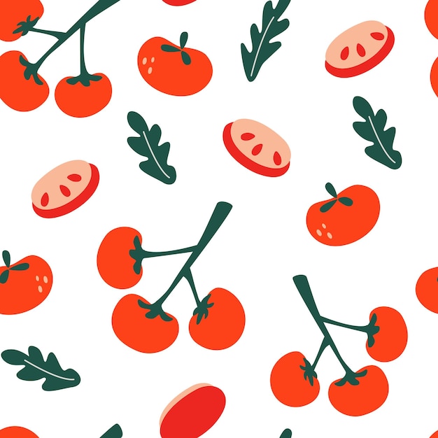 Patrones sin fisuras con tomates. tomates en rama, rodajas de tomate y hojas. textura sin fin para papel tapiz de cocina, textil, tela, papel. fondo de alimentos. vegetales planos. vegano, granja, natural.