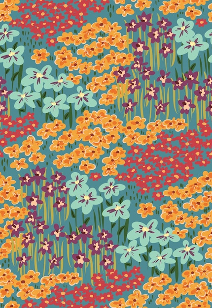 Patrones sin fisuras con varias flores. Composición abstracta de plantas simples dibujadas a mano. Impresión floral en vector.