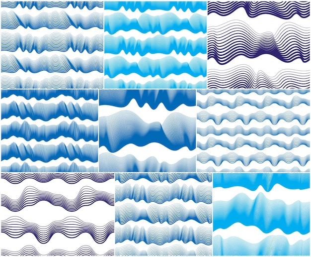 Patrones sin fisuras vectoriales artísticos con ondas estilizadas, líneas curvas de color azul colección de fondos de mosaico de repetición abstracta. Diseños abstractos de ondas de agua.