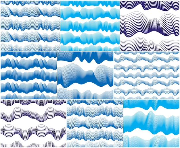 Vector patrones sin fisuras vectoriales artísticos con ondas estilizadas, líneas curvas de color azul colección de fondos de mosaico de repetición abstracta. diseños abstractos de ondas de agua.