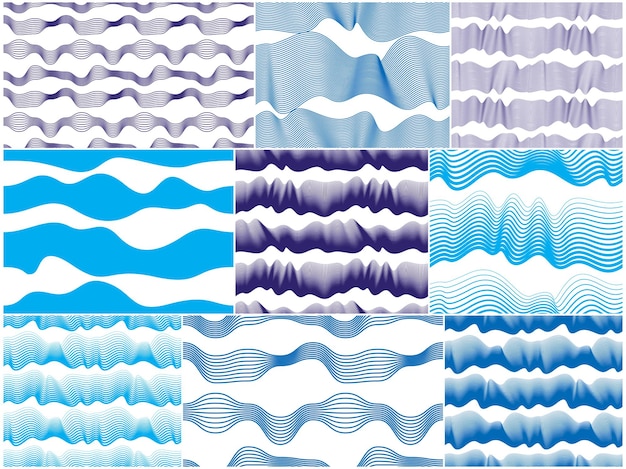 Patrones sin fisuras vectoriales artísticos con ondas estilizadas, líneas curvas de color azul colección de fondos de mosaico de repetición abstracta. Diseños abstractos de ondas de agua.
