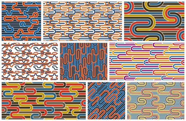 Patrones sin fisuras vectoriales a rayas con líneas tejidas, conjuntos de fondos abstractos geométricos, red a rayas, laberinto óptico, red web.