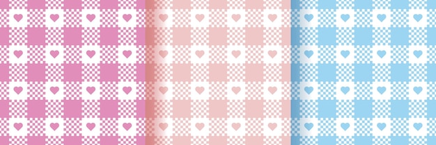 Patrones sin fisuras de vichy vichy. Textura a cuadros con corazones. Conjunto de fondos a cuadros. Estampados rosa azul pastel